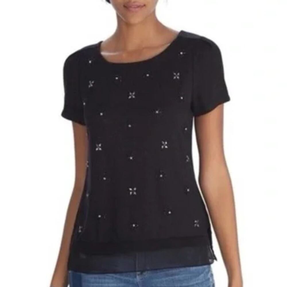 WHBM Rhinestone Embellished Top Womens Large Black Chiffon Hem Beaded Knit Tee